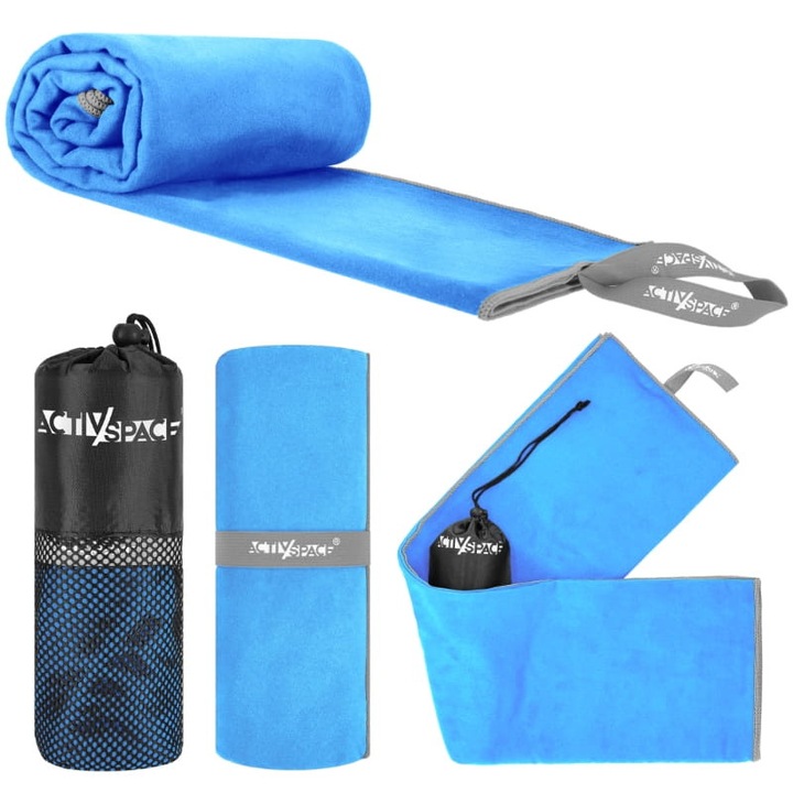 Бърза микрофибърна кърпа ACTIV/SPACE, 180x90см, синьо-сива, комплект с торбичка за съхранение