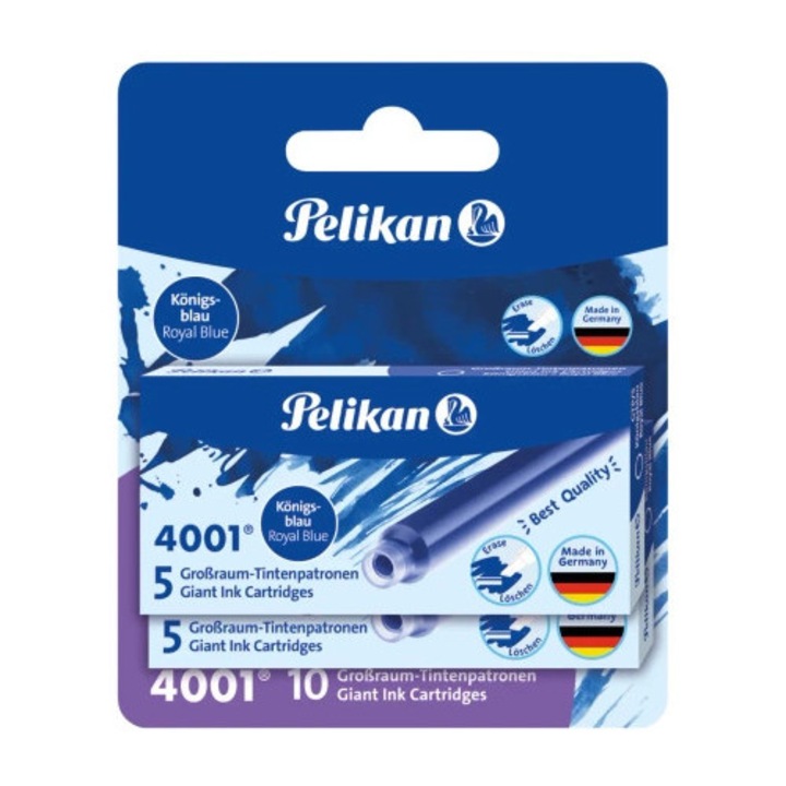 Naboje pentru stilou Pelikan, 10 bucati, cerneala albastra, rezistenta la estompare, compatibile cu majoritatea stilourilor