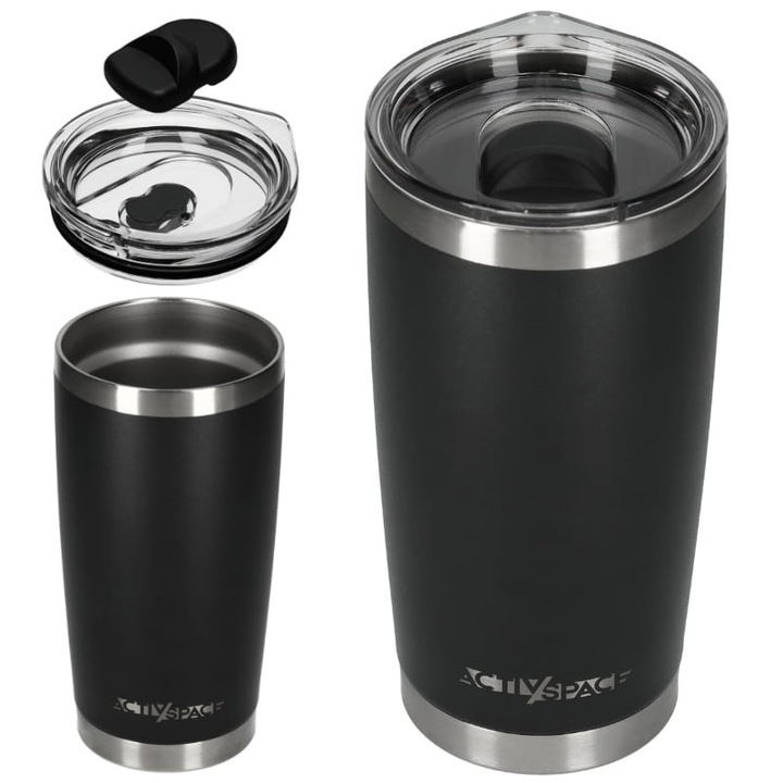Cana termica din otel inoxidabil ACTIV SPACE, 600ml, neagra, izolatie dubla, mentine temperatura 6h caldura/12h racoare