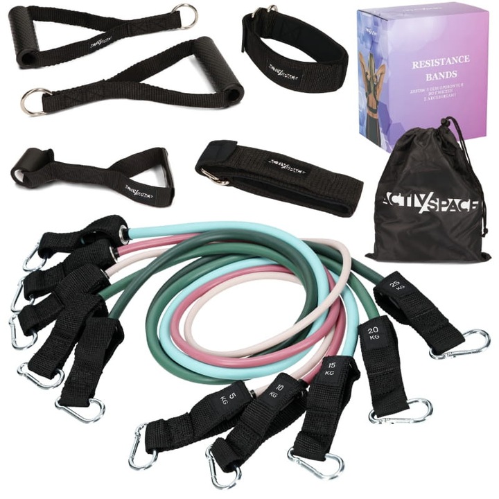 Комплект 5 ластика за упражнения ACTIV SPACE, 5-75 кг, 1,2 м, с дръжки и приставка за врата