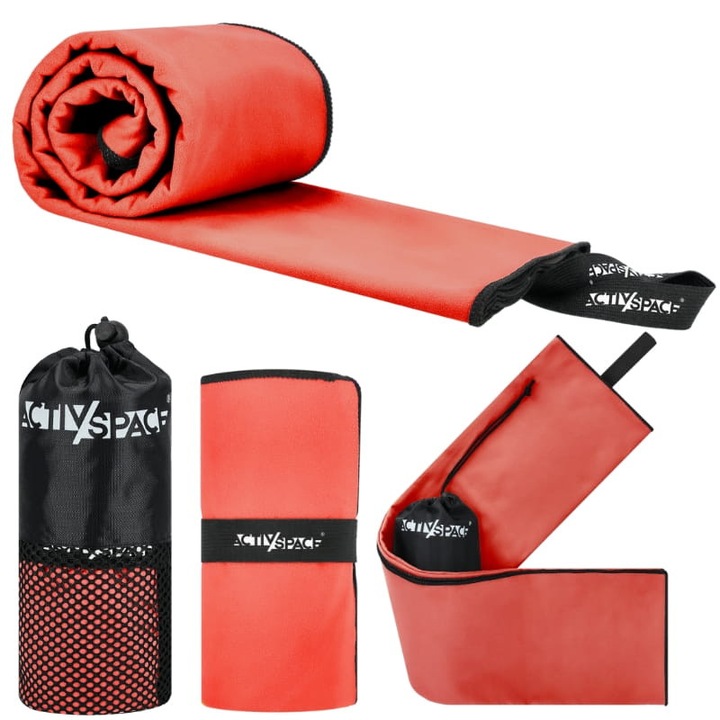 Бързосъхнеща кърпа ACTIV SPACE, 130x75 см, червена с черна, комплект с торба за съхранение