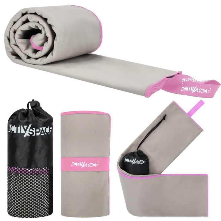 Бързосъхнеща кърпа ACTIV SPACE 130x75см сива+розова, комплект с чанта за съхранение
