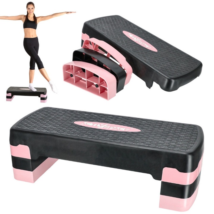 Степ аеробик ACTIV SPACE, 3 степени, черен + розов, 68x28см, 120кг