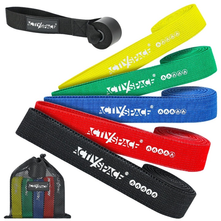 Комплект 5 ластика за съпротивление ACTIV SPACE, различни нива на съпротивление, жълт, зелен, син, червен, черен, 3,2 см x 208 см