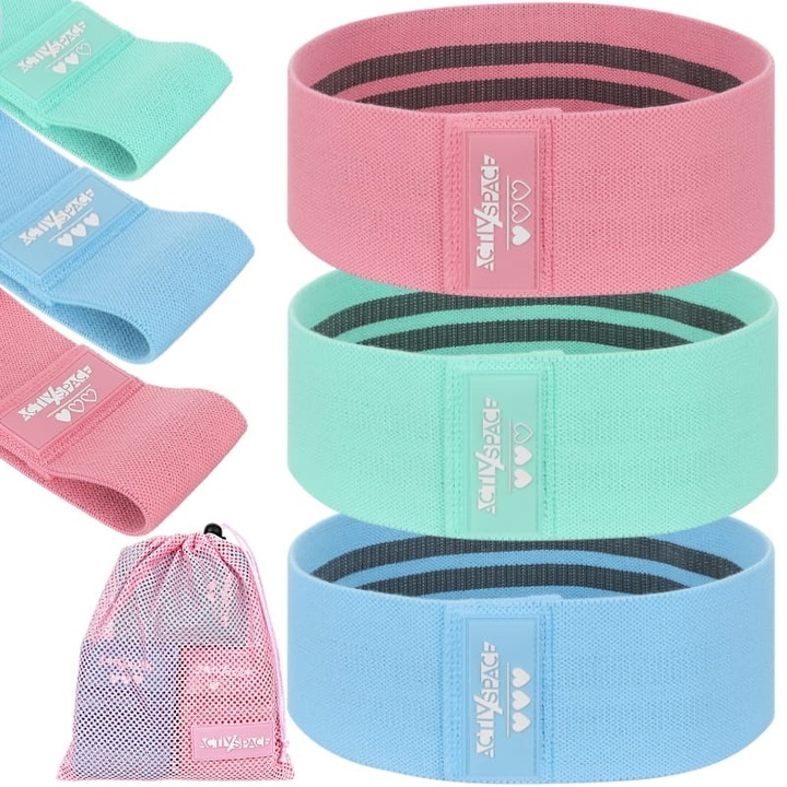 Set 3 benzi elastice Activ Space, diverse niveluri de rezistenta, 8cm latime, 71cm lungime, multicolor