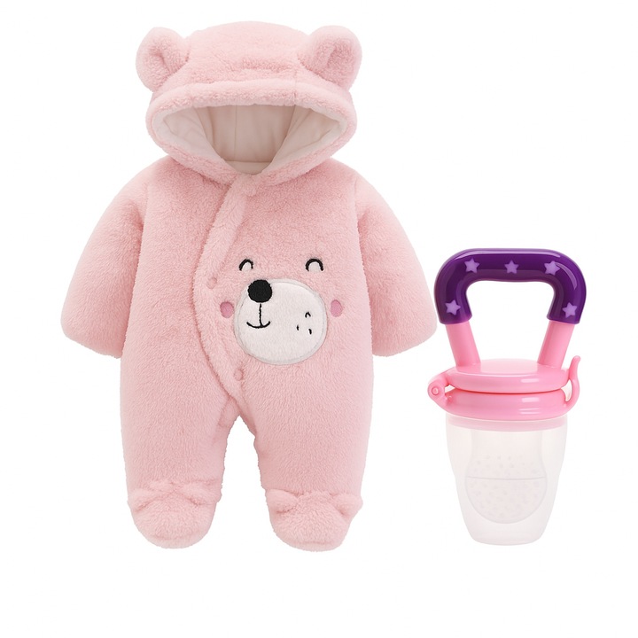 Paturica de Infasat Bebelusi Pufoasa GermaNova™ 6-9 luni, Calduroasa, Forma de Urs, cu Imprimeu, Roz + Suzeta cu compartiment pentru fructe si legume Roz