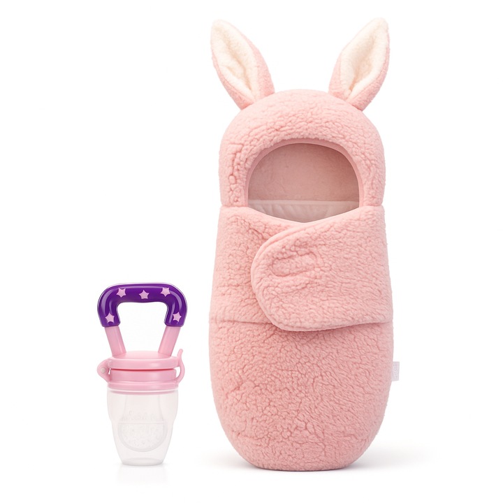 Salopeta bebe fara picioare forma iepuras, Roz, 68 CM