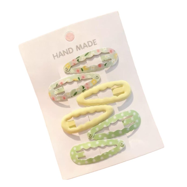 Kézzel készített hajcsat szett, 6 db, zöld, virágos és pöttyös mintával