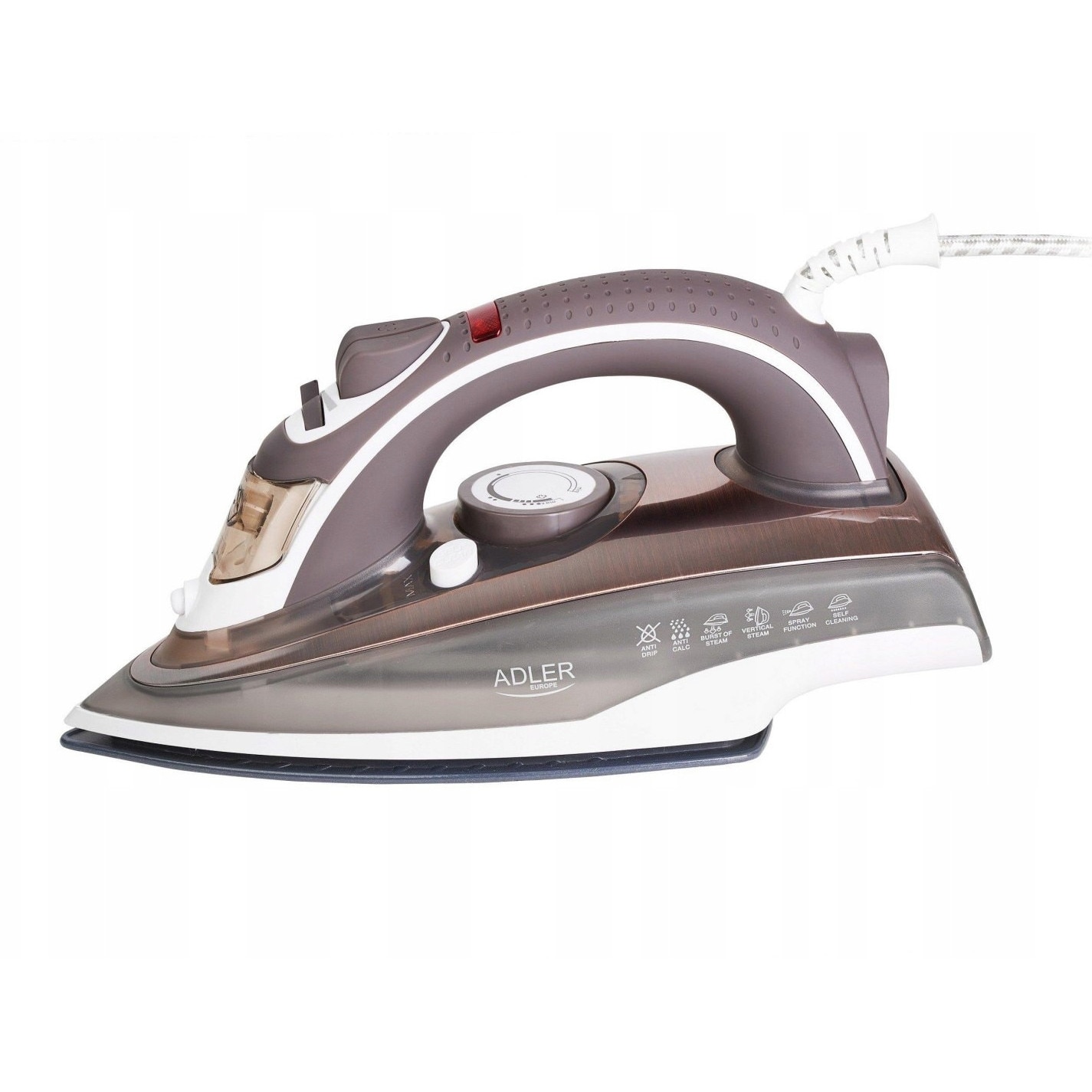 Fier de calcat cu aburi ADLER AD 5030, talpa ceramica, putere maxima 3000W, rezervor 310ml, abur continuu 20 g/min, lovitura abur 70 g/min, anti-calcar, auto-curatare, pulverizator, blocare picurare, cupru/alb