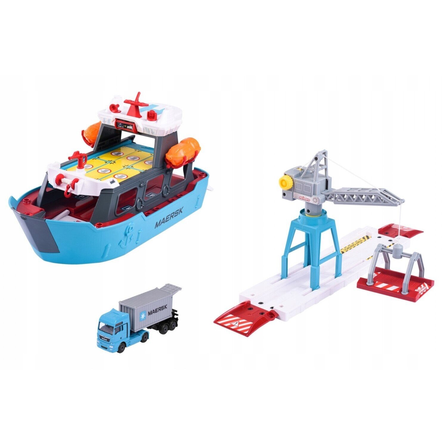 Set vehicule Majorette Logistic Maersk, camion MAN TGX, barca, 1