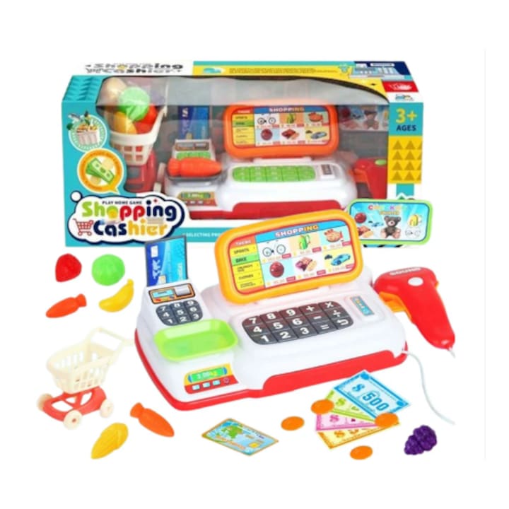 Set joc educativ "Casa de marcat", accesorii inclusiv bani de jucărie, lemn, pentru 3-5 ani