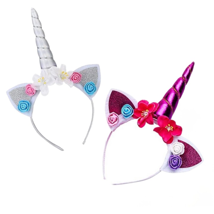 Set 2 Coronita unicorn pentru fetite, Cu sclipici si flori, Marime universala, Roz/Argintiu