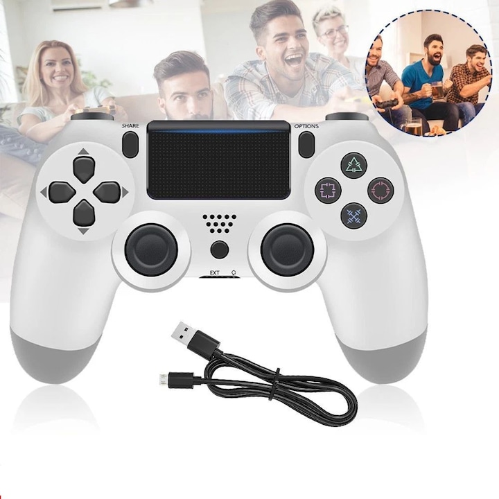 Controler Gamepad Wireless, Bedee, Bluetooth,600mAn, USB, Joystick-uri duble pentru control precis, design ergonomic, cu vibratii, Dual-Shock 4 pentru PlayStation 4, Alb