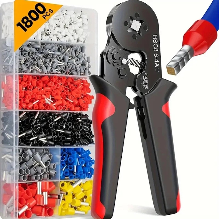Kit sertizare hexagonala 0.25 - 10 mm2 cu terminale 1800PC, Bedee, Multifunctional, nu se arde usor, practic si sigur, potrivit pentru aplicatii audio, auto si DIY, Negru/Rosu
