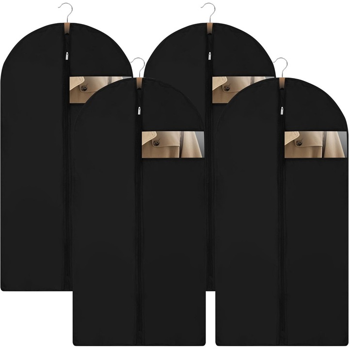 Set de 4 huse pentru imbracaminte, Bedee, cu fermoar, respirabili, Design cu fereastra transparenta, Pliabil, protectie impotriva prafului pentru costume, paltoane, rochii, 140x60cm