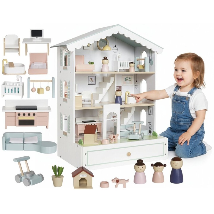 Casuta de Papusi din Lemn MaisonMelodi™ cu Poveste Audio, 3 Etaje, 3 Figurine, Catelus, Piese de Mobilier Detasabile, Accesorii Decorative si Elemente de Joaca Interactive, Snow Pearl