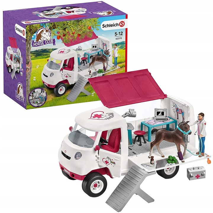 Figurina Schleich, mobila clinica veterinara cu masina, iepuras, accesorii, multicolor