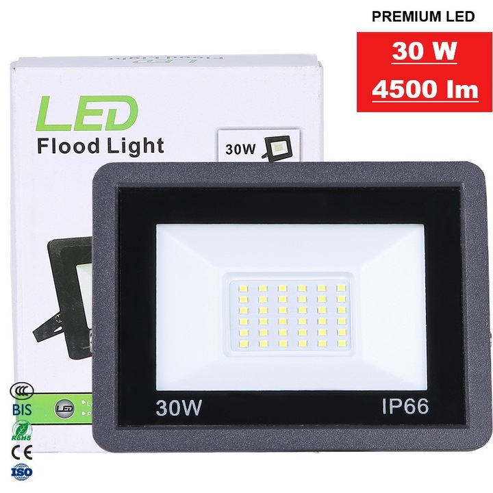 LED прожектор с халоген 30W - WYF™, 2700 lm, SLIM, студена светлина - 6500K, IP66 защита, рефлектор, осветител, без сензор за движение, захранване от мрежата, до 50 000 часа работа, черен