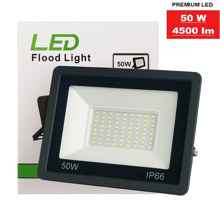 LED прожектор с халоген 50W - WYF™, 4500 lm, SLIM, студена светлина - 6500K, IP66 защита, рефлектор, осветител, без сензор за движение, захранване от мрежата, до 50 000 часа работа, черен