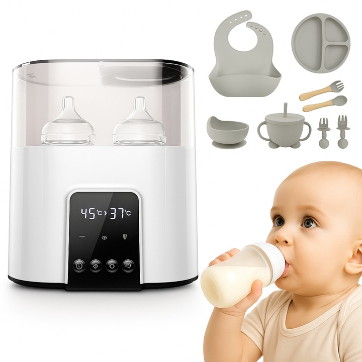 Нагревател за шишета KLASTEP®, Двойно шише, Бързо загряване, Стерилизация 5–30 мин, Термостат 24Ч, LCD дисплей, Включен комплект силиконови прибори, Идеален за мляко и бебешка храна, Бял