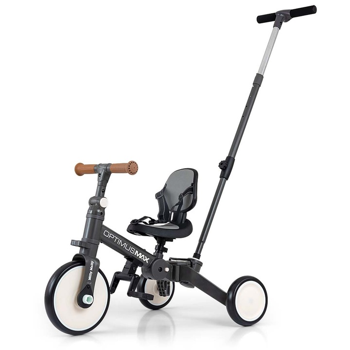 Tricicleta 5w1 Optimus Max, gri inchis, pentru copii 12M+, cu manere pentru parinti, roti din spuma