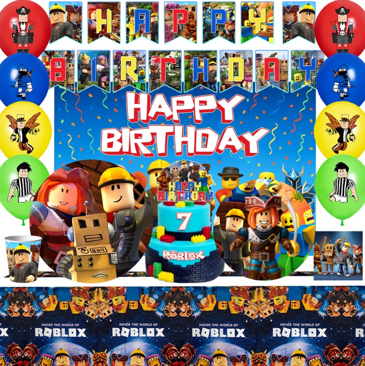 112pcs Set Accesorii Petrecere Roblox, InBoxxarty, Vesela Petrecere Roblox - Fata de Masa, Decorarea Tort, Banner etc Decoratiuni Petrecere Aniversara Roblox, multicolor