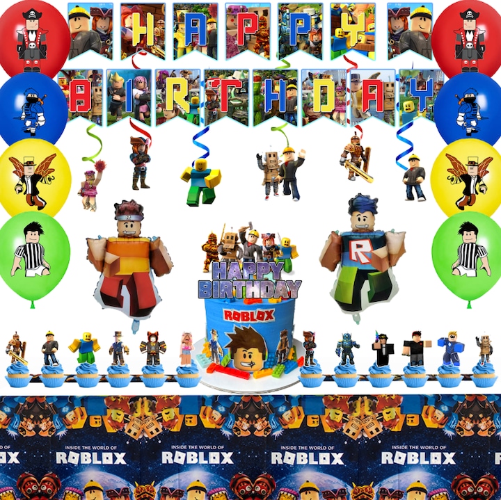 Комплект 35 аксесоара за парти Roblox, декорации за рожден ден, банер, балон, покривка за маса