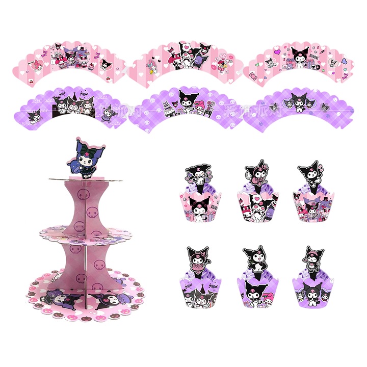Поставка за торта за кексчета Kuromi за декорации за рожден ден Kuromi + 12 фигурки за торта/кексчета Kuromi за декорации за парти Kuromi + 12 декорации за торта Kuromi