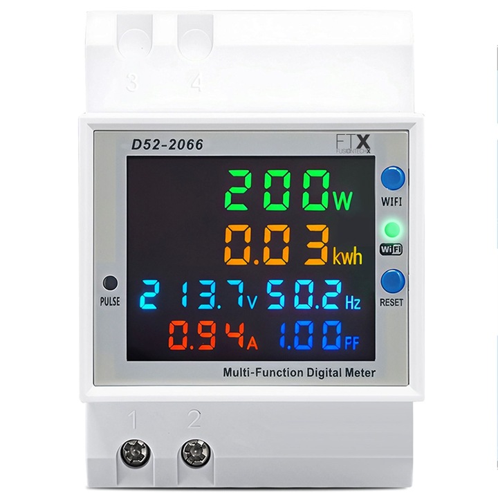 Contor monofazat de energie electrica WIFI, sina DIN, 6 IN 1 AC 40-300V 100A, CT intern, FusionTechX®