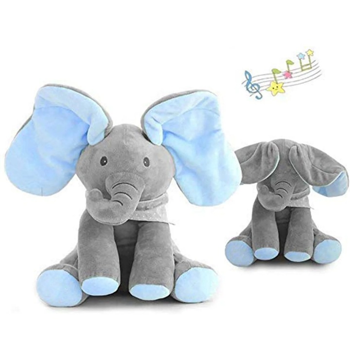 Слонче Peek-a-Boo, покрива си очите с ушичките, 30 см, плюшено, със звуци - синьо