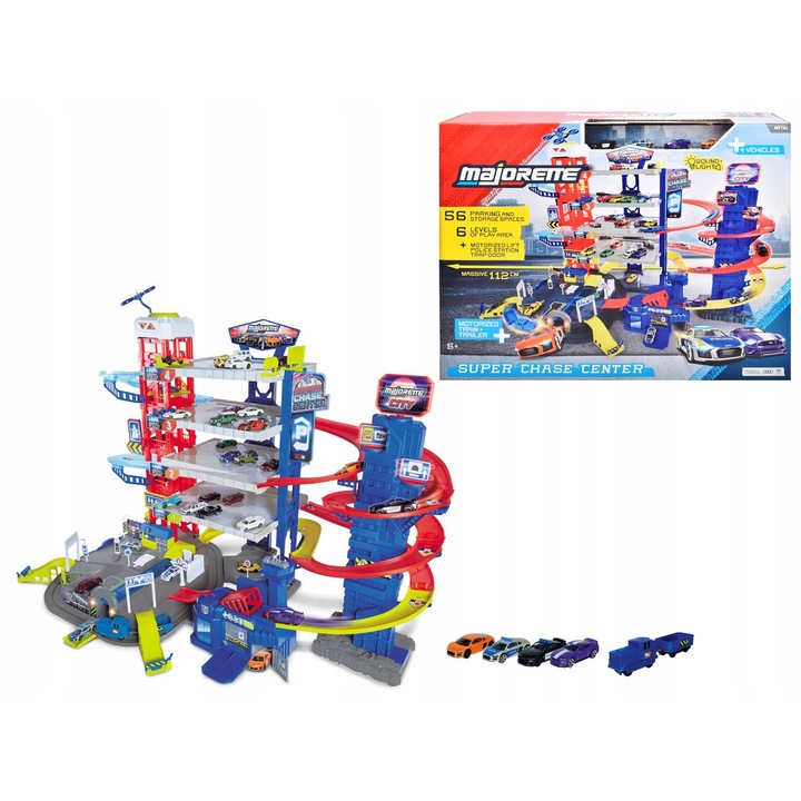 Parc Auto Majorette Super Pista Set cu 4 Masinute, 6 Niveluri, Efecte Luminoase si Sonore, 112x84x70cm