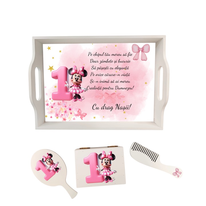 Set Tavita de Mot Fetita – Minnie Roz, Personalizata, cu Perie, Oglinda si Cutiuta, Cadou Premium pentru 1 An