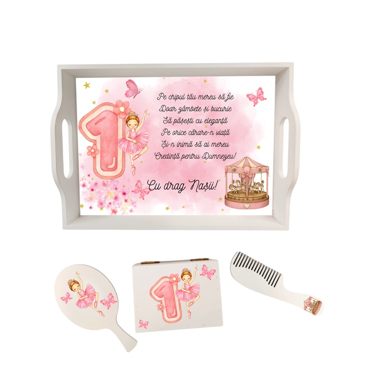 Set Tavita de Mot Fetita – Balerina Roz, Personalizata + Perie, Oglinda si Cutiuta