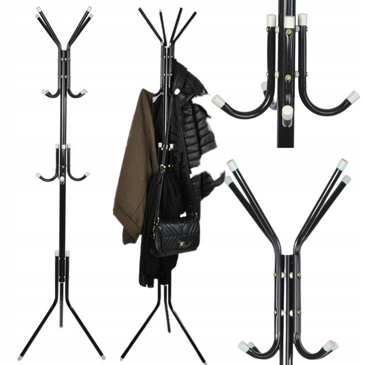 Fém ruhaállvány, 12 kampó, fekete, 42x42x175cm