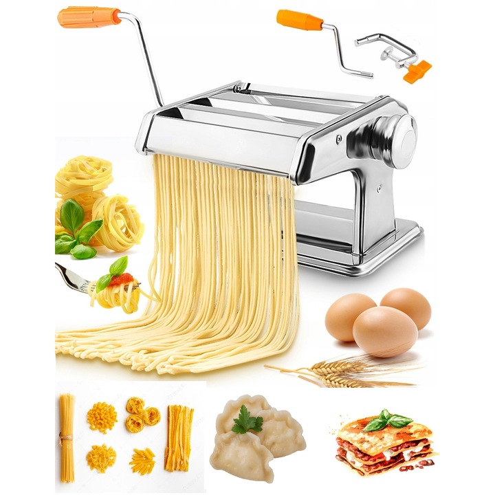 Masa de taiat manuala pentru paste, 9 grosimi, din otel inoxidabil, cu suport pentru prindere, 2 latimi, 7mm si 2mm