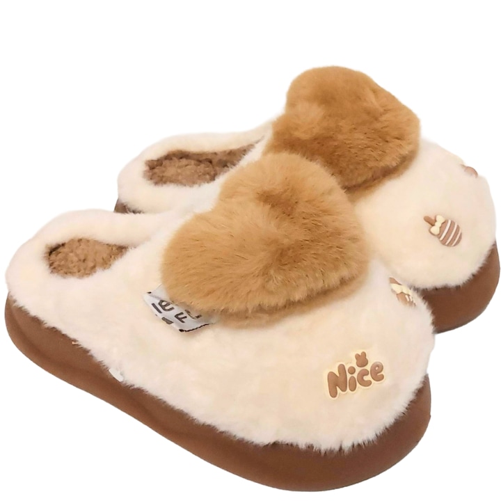 Papuci Dama Pufosi Talpa Groasa Cusuta Spuma EVA, Moi si Confortabili, Maro/Ivoire, 35-36