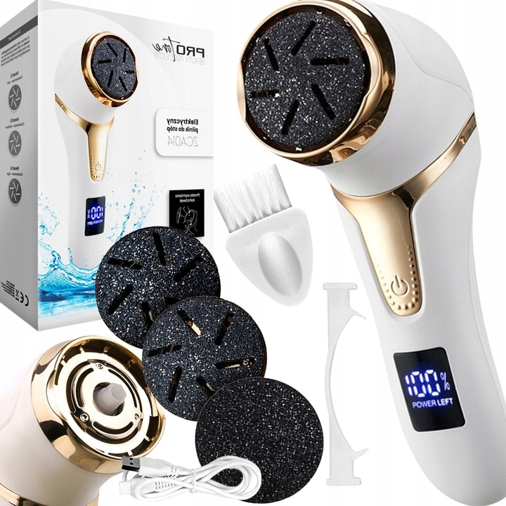 Pila electrica pentru picioare PT, set 3 capete, alb-auriu, 16x7,5x4,5cm