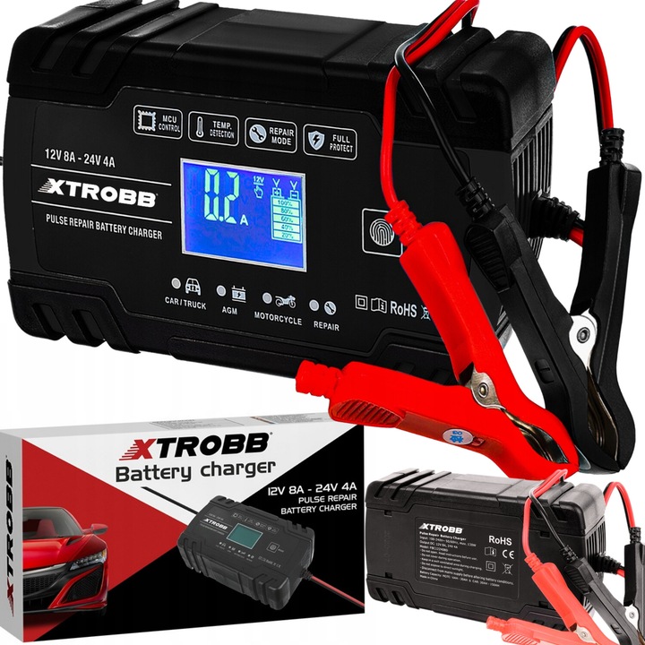 Xtrobb 12V/24V autós töltő, fejlett védelem, érintőpanel, 17x10cm, fekete
