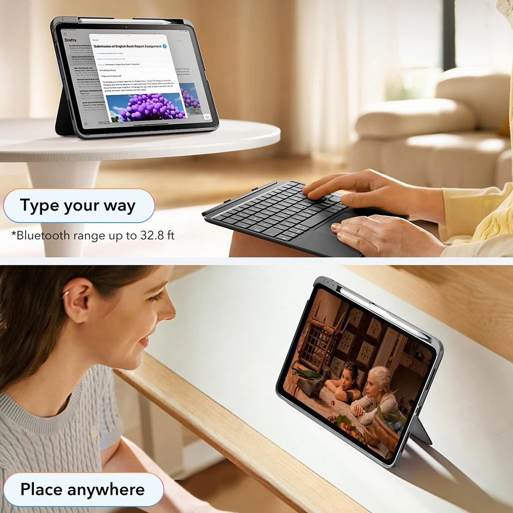 Husa pentru iPad Air 11" (M3/M2 & Gen 5/4) ESR Flex cu Tastatura Magnetica detasabila, Trackpad Mare, Mod Scriere/Vizionare – Dark Gray