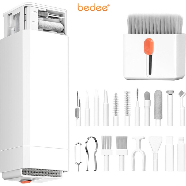 Kit Multifunctional de Curatare Produse Electronice 32 in 1, Bedee, Compact, Multifunctional, Solutii Integrate, pentru laptopuri, Tastaturi, Telefoane, casti, Alb