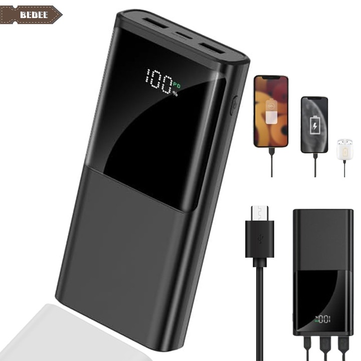 Acumulator extern, Bedee, 20000mAh, LED, Baterie externa portabila PD 22,5 W cu incarcare rapida QC 3.0 USB C, compatibila cu iPhone 11/12/13/14/15/16, iPad, Samsung, Negru