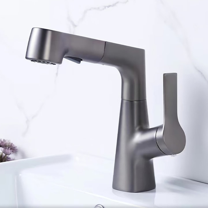 Смесител за мивка за баня, Ultrixe, Смесител за умивалник с изтеглящ се душ, 2 функции спрей, въртящ се, едноръкохватков, керамичен патрон, Сив