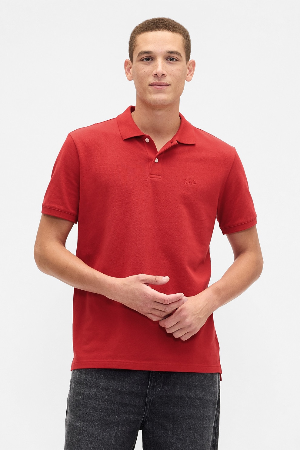 GAP, Tricou polo cu croiala relaxed-fit si logo discret, Rosu, M