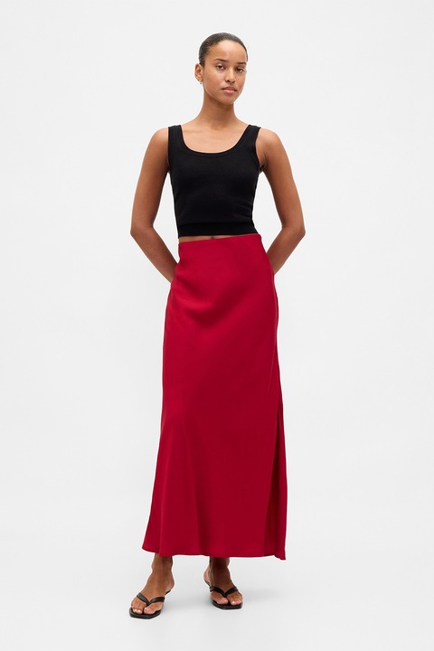 GAP, Fusta maxi satinata cu slit lateral, Rosu