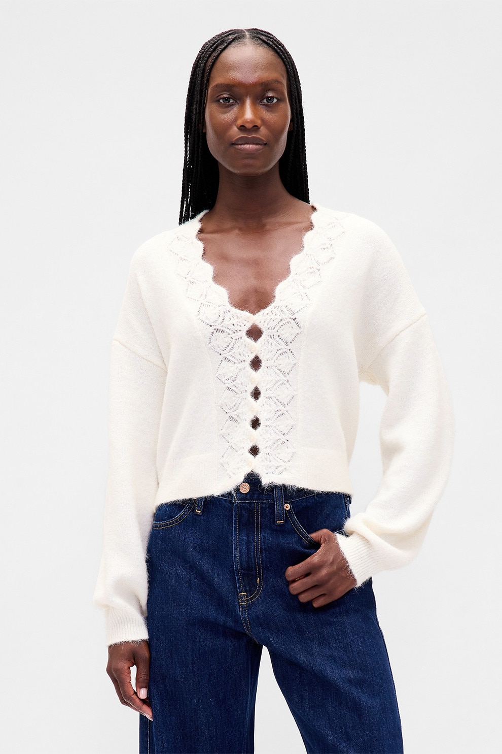 KOTON, Cardigan crop striat, Alb fildes, M - eMAG.ro