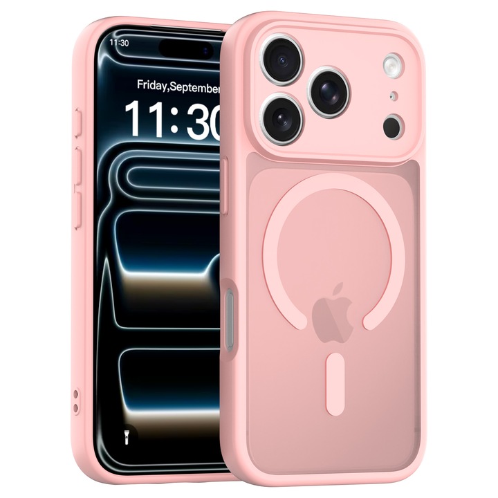 Защитен калъф за iPhone 17 Pro, Omelivon, MagSafe, Пълна защита, Противоударна, Прецизни изрези, Безжично зареждане, Светло розов