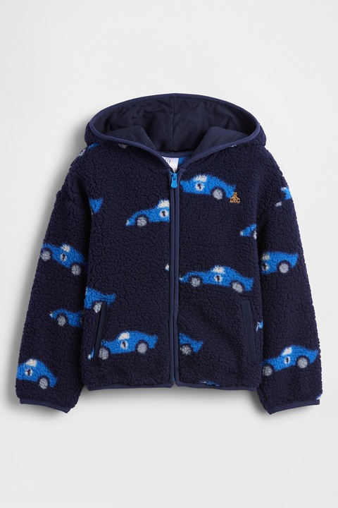 GAP, Hanorac din material teddy cu fermoar si model cu masini, Alb/Albastru royal/Bleumarin