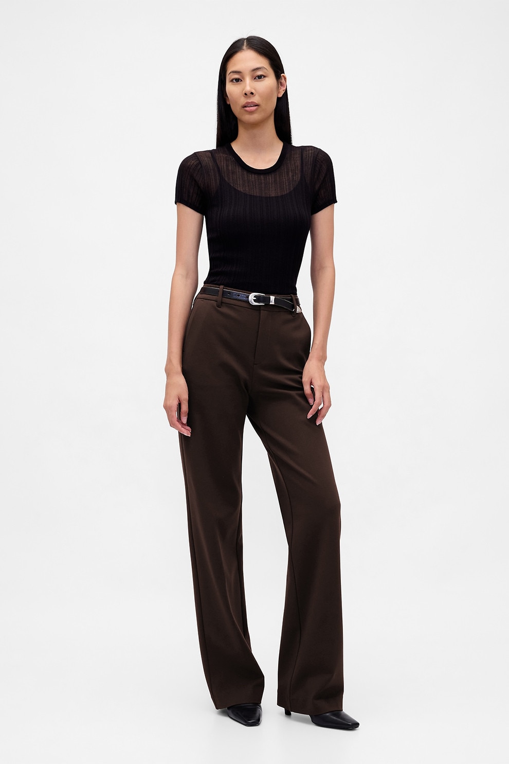 GAP, Pantaloni cu croiala ampla si talie inalta, Maro inchis, L