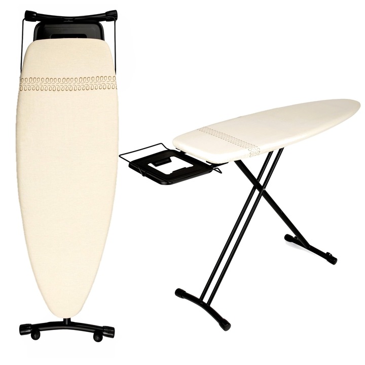 Starbigvip Prémium Professzionális Vasalódeszka, Nagy Méret (130x47 cm) – Összecsukható, Stabil és Robusztus, Állítható Magasságú Kerekekkel, Széles XXL Felület, Elegáns, Gőzállomásokhoz, EU-ban Gyártva