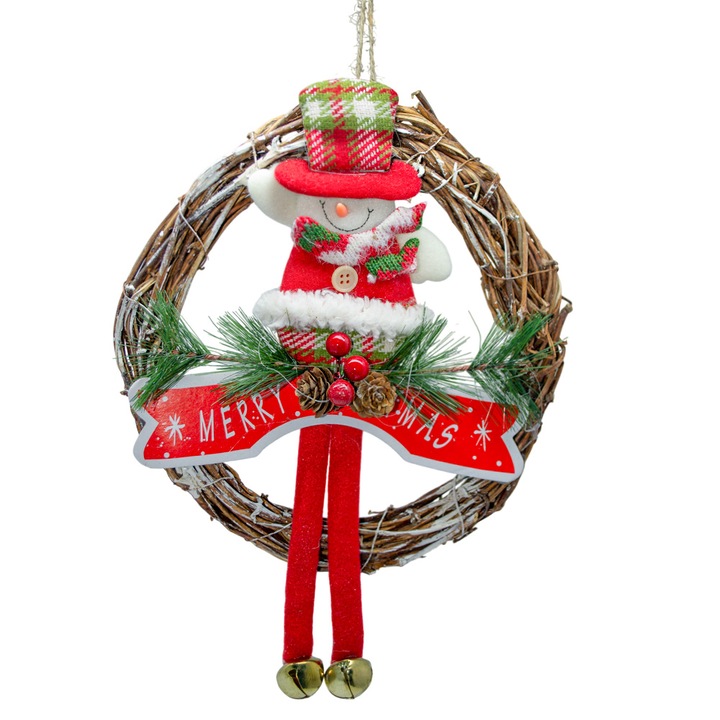 Декоративна коледна корона от върба, диаметър 23 см, декорирана със Снежен човек. Коледна корона, диаметър 23 см, върба, снежен човек, декорация на врата за Коледа, външна/вътрешна, празнична декорация, PVC, зелена